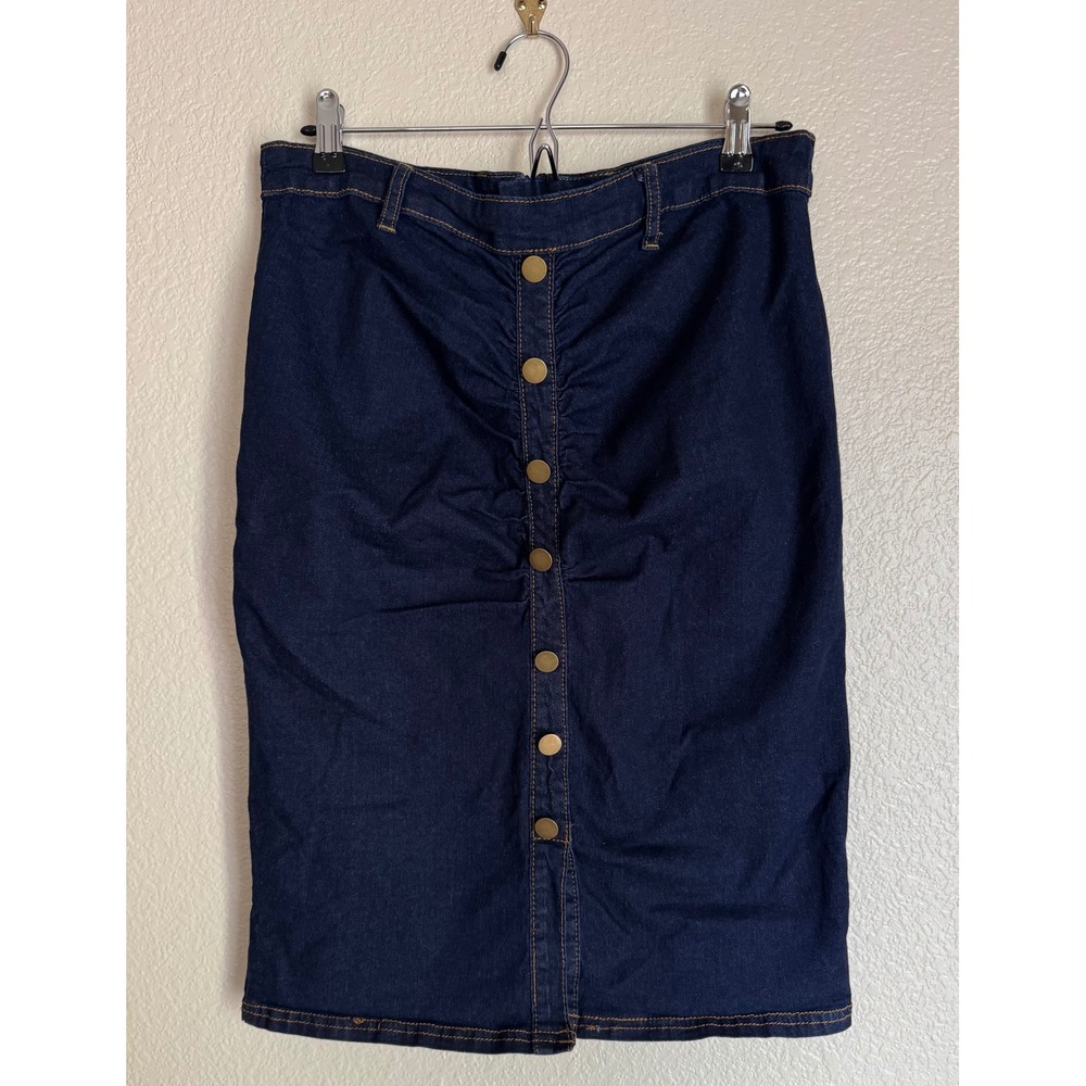 Belle Poque Dark Wash Denim Midi Skirt Ruched Button Front Y2K Retro Large